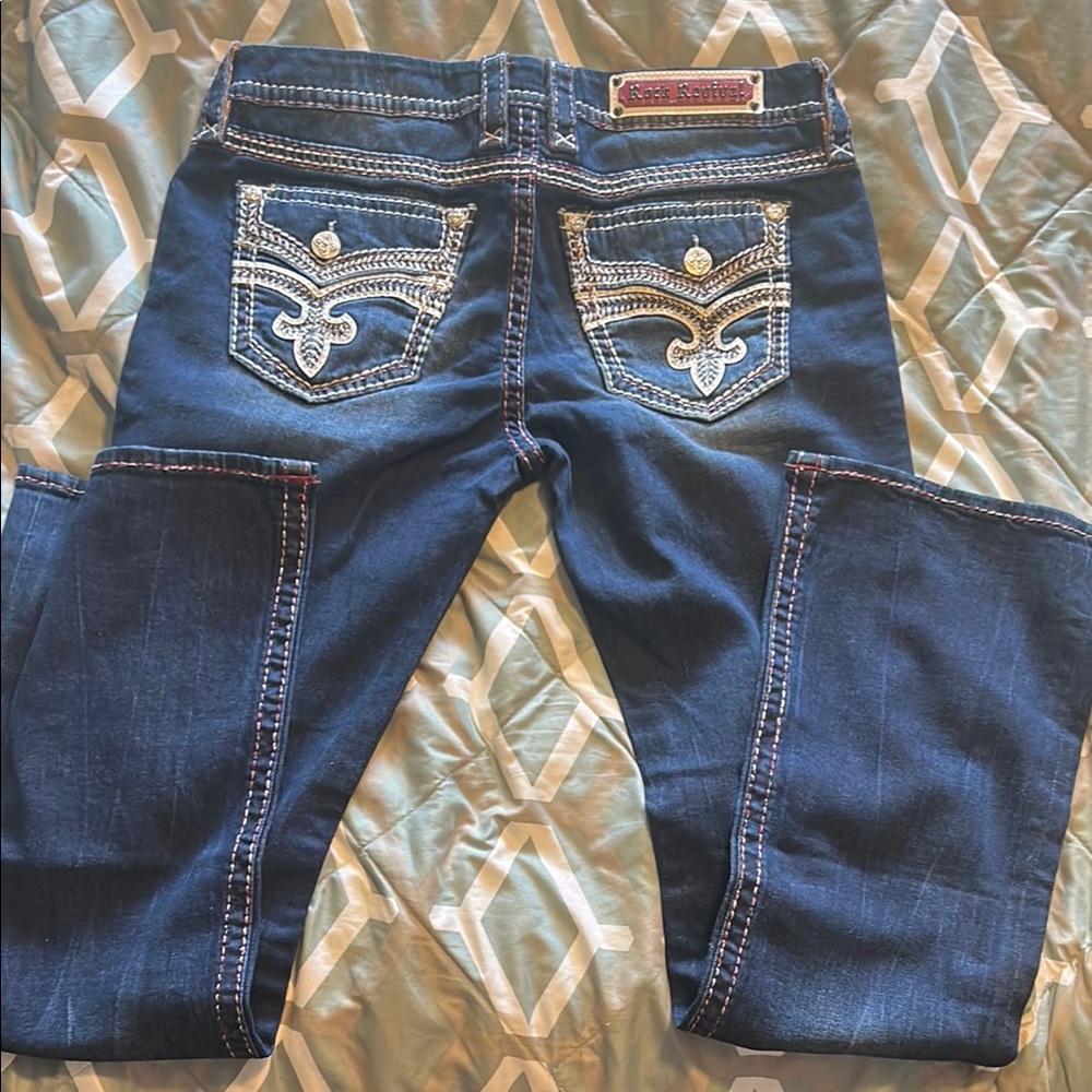 Rock Revival Dark Blue Jeans with White Stitching
